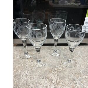 Vintage Etched Floral Wine Goblets Clear Glass Stemware Set of 4  READ: 5.75"
